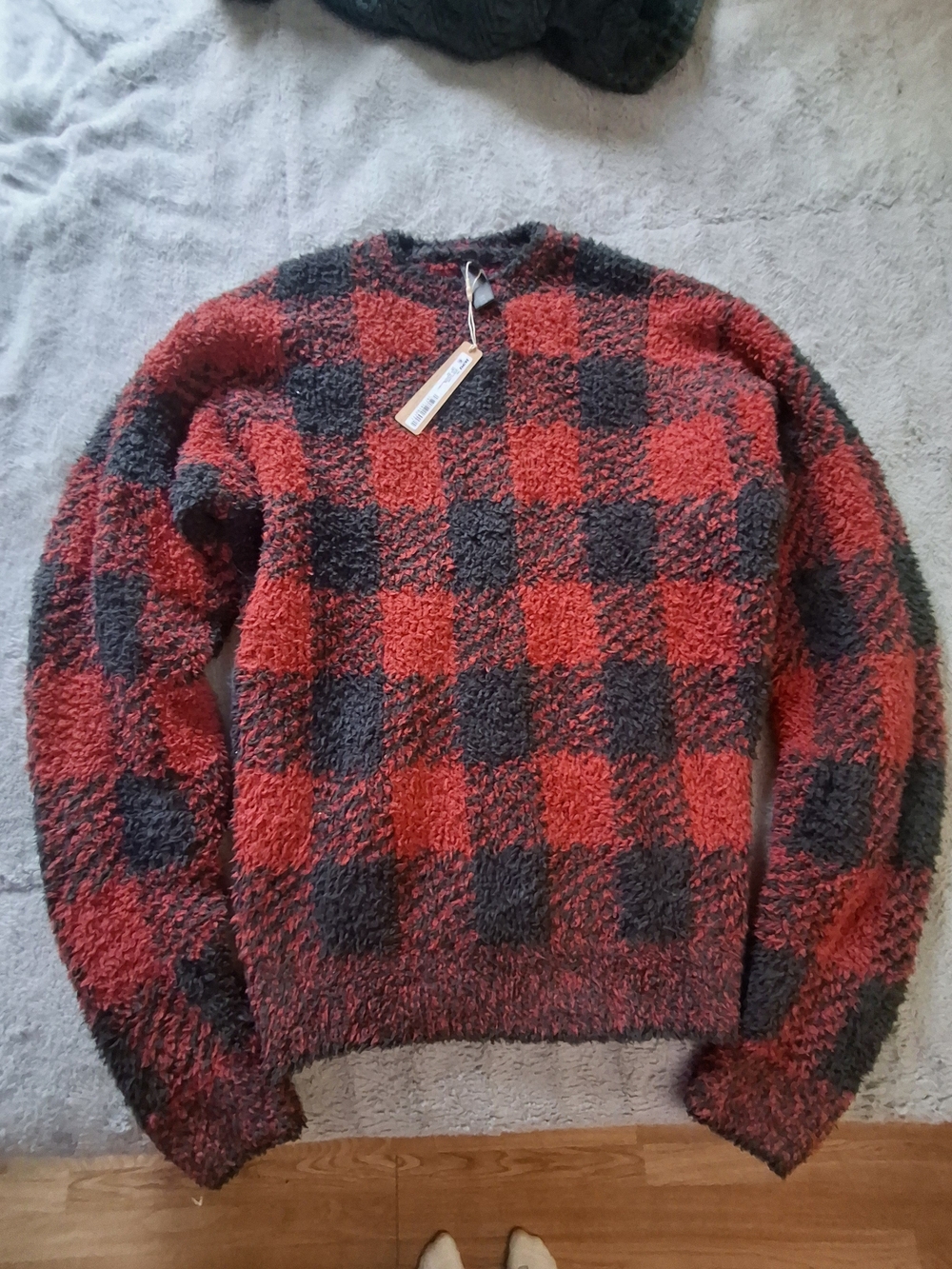 Skims Cozy Red & Black Check Crewneck Sweater